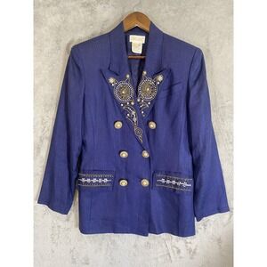 Vintage Belldini Blazer Womens 12‎ Linen Embellished Double Breasted Beaded 90s